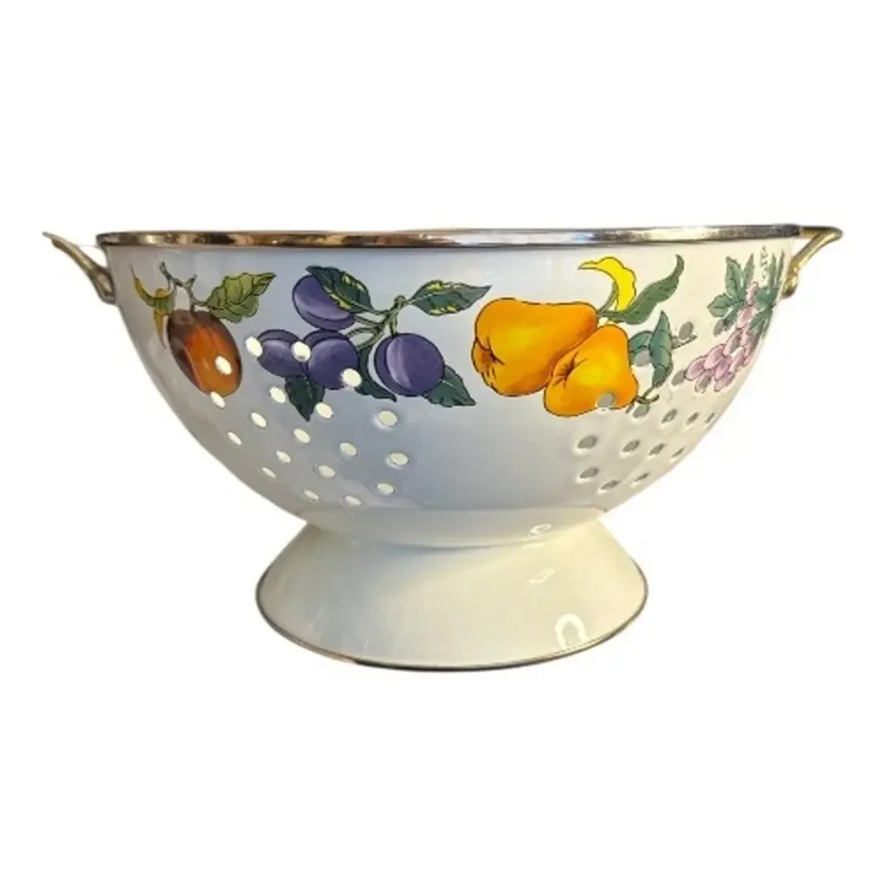 Vintage Porcelain Enamel Lined Fruit Print Colander by Tabletops Unlimited